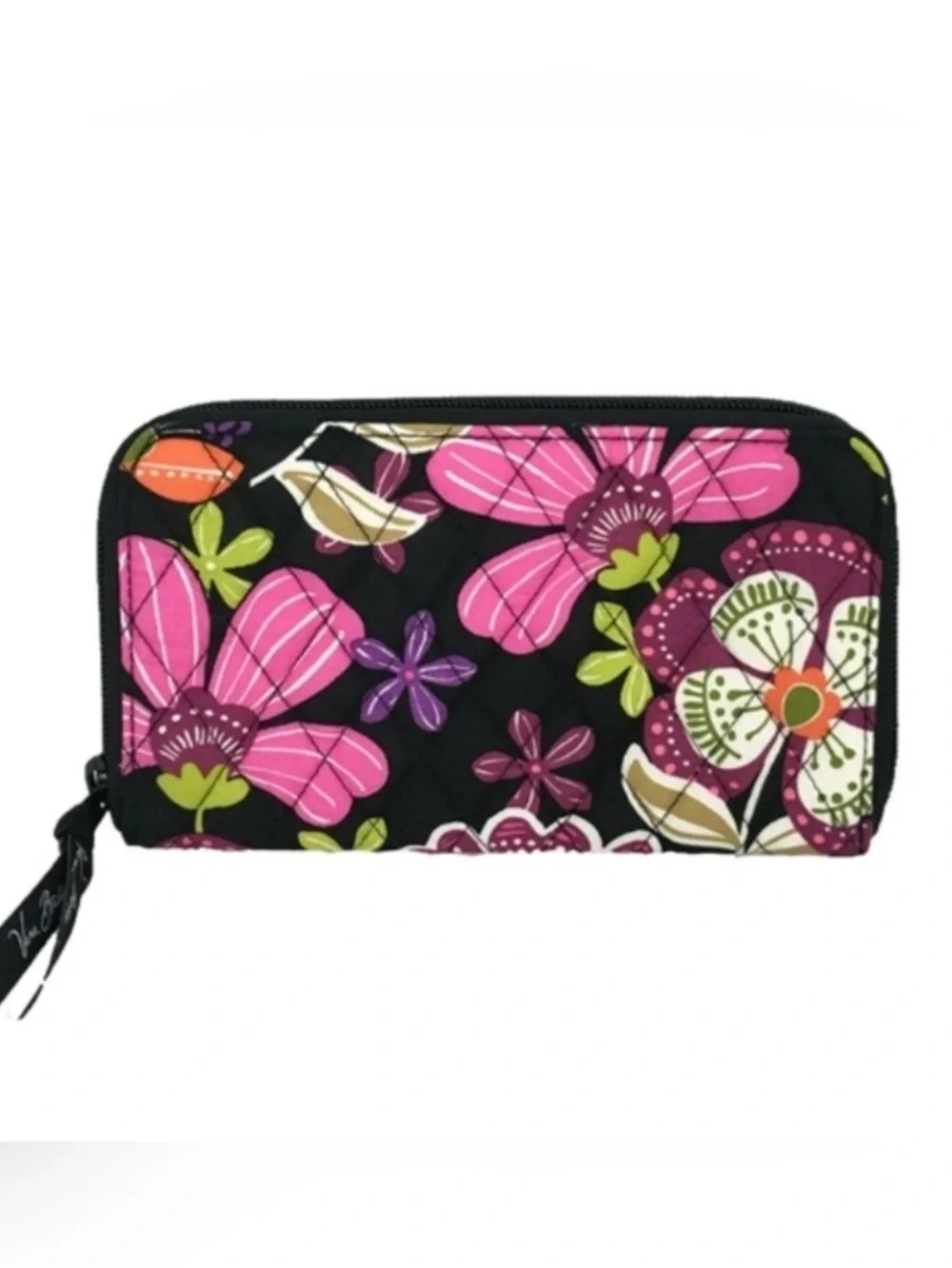 Vera Bradley Black Quilted Wallet with Pink Floral Print - Zippered Clutch